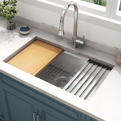 LQS 30 Inch Undermount Kitchen Sink with Round Corner, 30" x 18" Undermount Kitchen Sink 16 Gauge Stainless Steel, R10 Round Corner with Handmade Workstation Ledge and Built-In Abundant Accessories