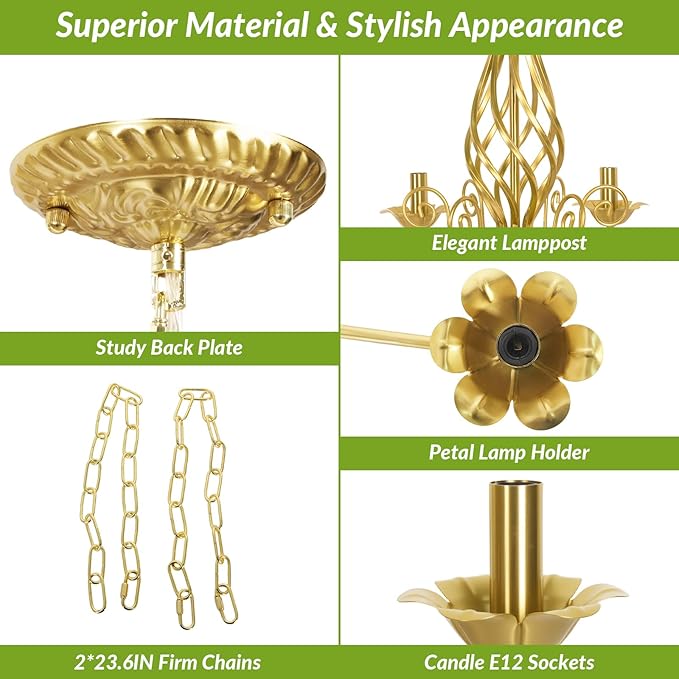6-Light Farmhouse Candle Chandelier for Living Room, Rustic Industrial Pendant Ceiling Light fixture, Vintage Ceiling Hanging Lamp for Bedroom Hallway Kitchen Dining Room Foyer, Luxury Gold E12 Socket