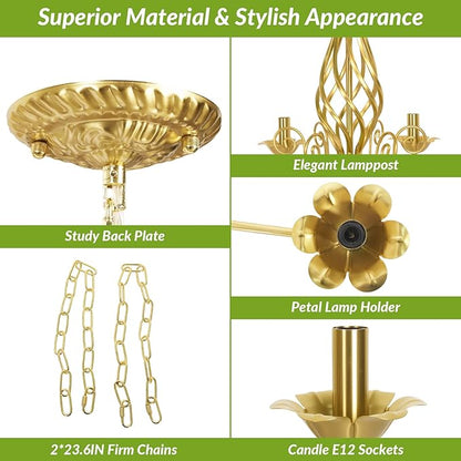 6-Light Farmhouse Candle Chandelier for Living Room, Rustic Industrial Pendant Ceiling Light fixture, Vintage Ceiling Hanging Lamp for Bedroom Hallway Kitchen Dining Room Foyer, Luxury Gold E12 Socket