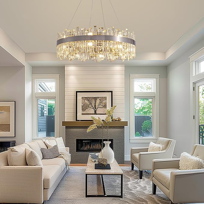 Siljoy Modern Crystal Chandelier 16-Light Brushed Nickel 2-Tiers K9 Crystal Raindrop Chandelier Luxury Flush Mount Crystal Pendant Ceiling Light Fixture for Dining Living Room Entryway Foyer D31.5''