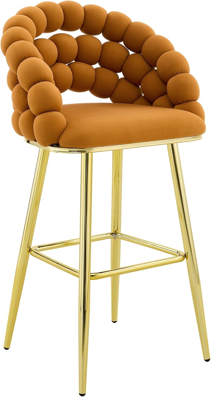 Set of 2 Orange Puffy Bubble Chair Ball Chain Chair Velvet Bar Stools with Gold Legs, Tufted Accent Bar Chairs for Kitchen Island Home Bar
