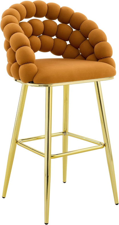 Set of 2 Orange Puffy Bubble Chair Ball Chain Chair Velvet Bar Stools with Gold Legs, Tufted Accent Bar Chairs for Kitchen Island Home Bar