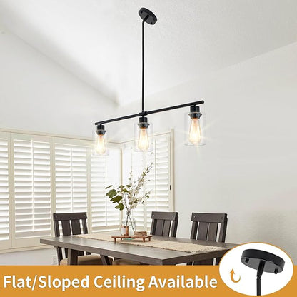 Kitchen Island Lighting, 3 light Black Farmhouse Pendant Lights Kitchen Island with Glass Shades, Island Chandelier Dining Room Lighting Fixtures Adjustable Height, Modern Kitchen Table Light Fixture