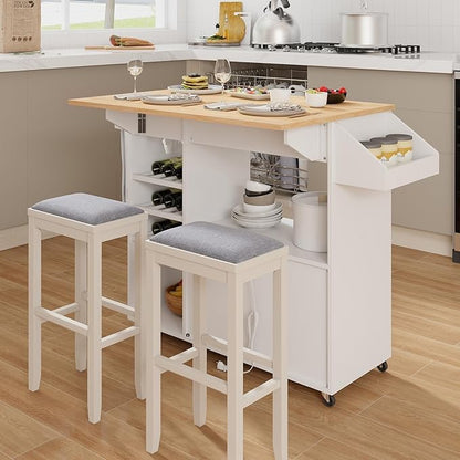 Giantex Rolling Kitchen Island Cart with Drop Leaf, Power Outlet, Spice Rack, 12 Wine Rack, Glass Holder, Drawer, Storage Cabinet, Towel Rack, Island Table for Breakfast Coffee Bar (White & Natural)