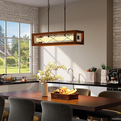 31.5" Farmhouse Kitchen Island Lighting, Rustic Wood Linear Chandeliers for Dining Room Light Fixture, 30W LED Dimmable Rectangular Pendant Lights for Kitchen Island Over Table with Remote