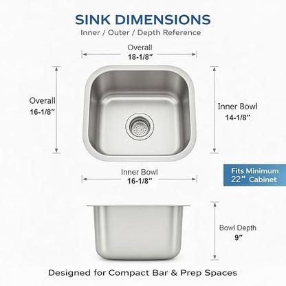 ORLANDO 18x16 Inch Undermount Kitchen Sink - 18 Gauge Stainless Steel Single Bowl Prep Sink for Compact Kitchen Sink & Kitchen Island with Basket Strainer