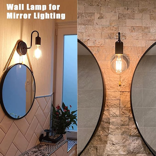 Vintage Pull Chain Wall Sconce Light with Switch Black Wall Lights Fixture Retro E26 Industrial Farmhouse Wall Lamp Hard Wired Sconces Lighting for Mirror Bedroom Bathroom Hallway (1-Light)