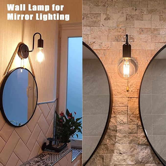 Vintage Pull Chain Wall Light Fixtures Set of 2 Hardwired Wall Sconces with ON Off Switch Retro Black Metal E26 Indoor Wall Lamps Small for Bedrooms Living Room Kitchen