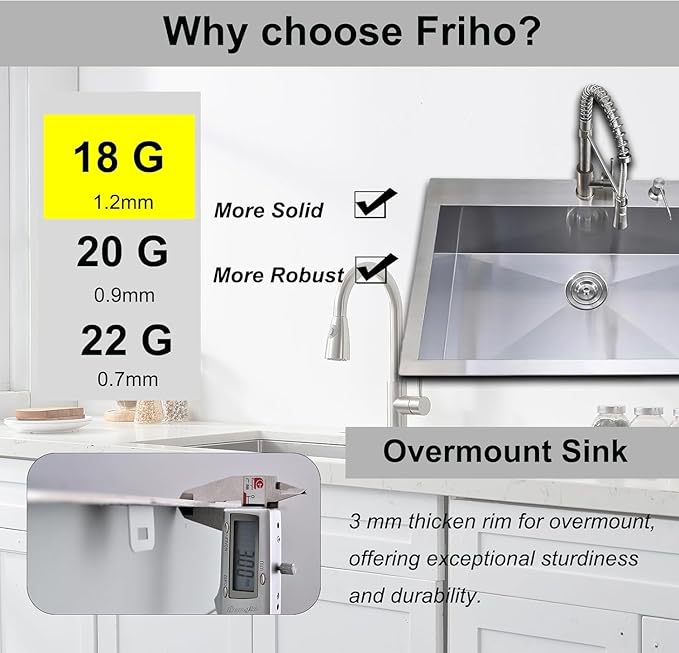 Friho 30 Inch Drop in Kitchen Sink, 30x18 Top Mount Commercial Handmade 18 Gauge Single Bowl Stainless Steel Sink With Basket Strainer