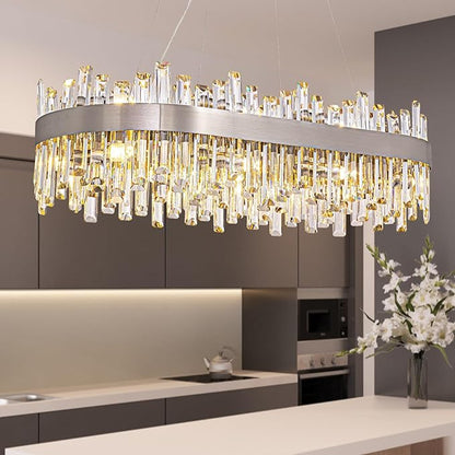Siljoy Modern Crystal Chandelier, Luxury Rectangular 2-Tiers K9 Crystal Raindrop Chandelier, 16-Light Adjustable Hanging Crystal Ceiling Light for Dining Room Living Room Kitchen L35.4''