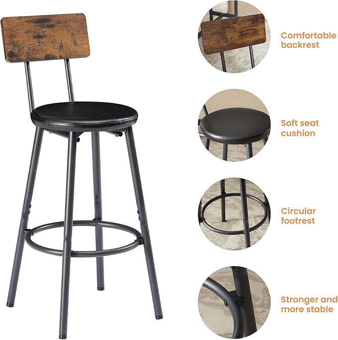 KEIKI Long Bar Table Set with 3 PU Upholstered Bar Stools, Industrial Counter Height Dining Table and Chair Sets for Kitchen, Living Room, Small Space, Brown