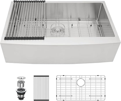 Lordear 36 Inch Farmhouse Kitchen Sink Stainless Steel Apron Front Farm Sink 16 Gauge Single Bowl Handmade Kitchen Basin with Accessories