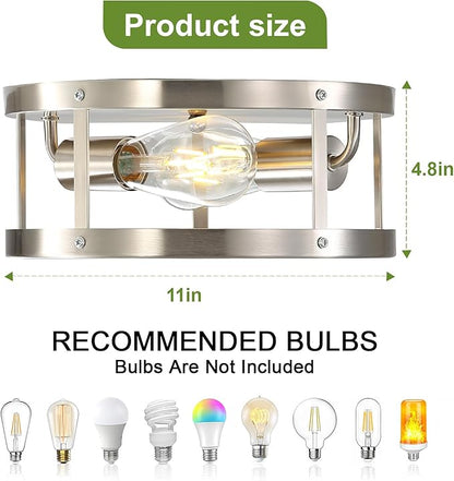 Close to Ceiling Light Fixtures, 2-Light Brushed Nickle Semi Flush Mount Ceiling Light, 11 Inch Modern Indoor House Kitchen Round Ceiling Lights for Bedroom Foyer Hallway, Easy Assembled