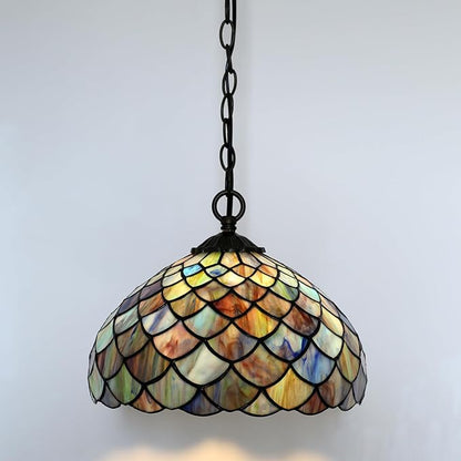 Tiffany Pendant Light Plug-in Stained Glass Hanging Lamp 12”x12”x181” Blue Fish Scales Swag Light Decorative Vintage Lighting for Dining Room Living Room Kitchen Hallway Bedroom