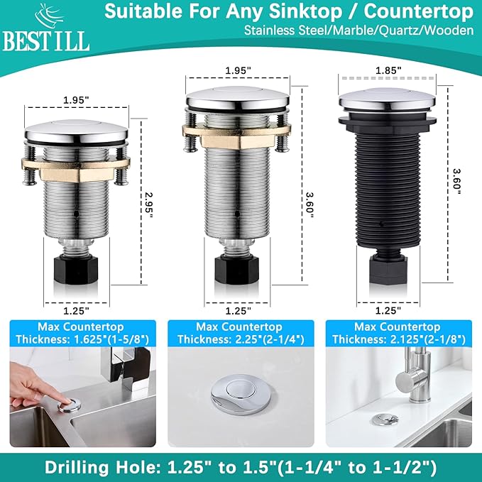 BESTILL Garbage Disposal Air Switch Kit - All Metal, UL Listed Long Push Button for Waste Disposer, Single Outlet Sink Top Solid Brass Air On/Off Button, Polished Chrome