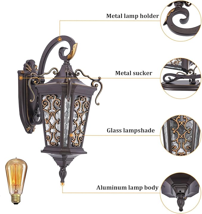 Outdoor Wall Light Fixtures, IP55 Waterproof Outside Wall Lantern Retro Exterior Wall Sconces Vintage Wall-Mounted Lights for Garage House Porch Doorway, E26 w/o Bulb