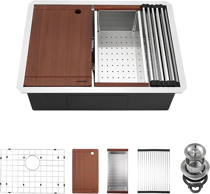 25-inch Undermount Kitchen Sink Workstation, SINKVINE 25x19 Outdoor Sink BBQ, Stainless Steel Single Bowl Basin w/Drain Strainer, Bottom Grid, Roll-up Drying Unit, Wood Cutting Board, Deep Colander