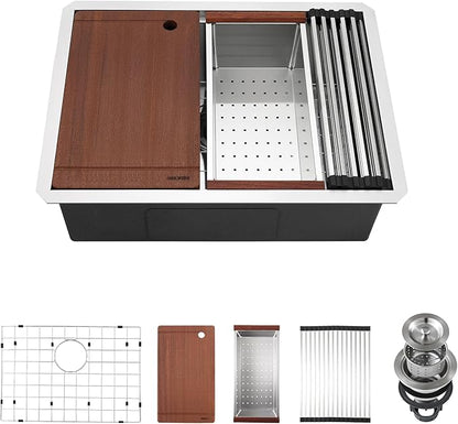 25-inch Undermount Kitchen Sink Workstation, SINKVINE 25x19 Outdoor Sink BBQ, Stainless Steel Single Bowl Basin w/Drain Strainer, Bottom Grid, Roll-up Drying Unit, Wood Cutting Board, Deep Colander