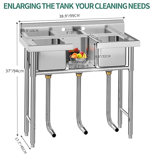 YITAHOME Utility Sink 3 Compartment Stainless Steel Freestanding Bar Sink NSF Commercial Sink for Restaurant, Laundry, Garage, Workshop Sink with Legs, Outdoor (39"x18"x37")