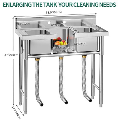 YITAHOME Utility Sink 3 Compartment Stainless Steel Freestanding Bar Sink NSF Commercial Sink for Restaurant, Laundry, Garage, Workshop Sink with Legs, Outdoor (39"x18"x37")