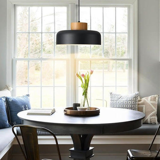 Modern Farmhouse Pendant Lights, 12.6 inch,Natural Wood Cap, Small Simple Ceiling Light Fixture for Kitchen Island, Dining Area, Matte Black