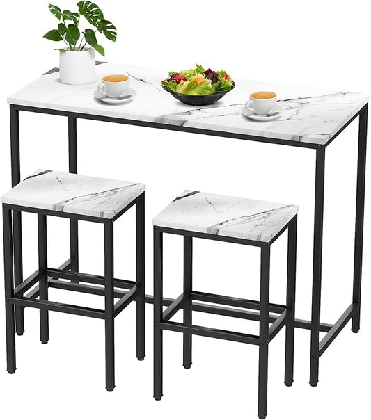 Aklaus Bar Table Set,44" White Faux Marble Top Bar Table and Chairs Set,Counter Height Bartable with 2 Bar Stools,3 Piece Kitchen Breakfast Table for Living Room Dining Room Apartment