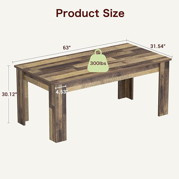 GarveeHome Dining Table for 4-6, Rectangular Dining Room Table, Kitchen Table with Large Table Top, Dinner Table, Farmhouse Dining Table for Dining Room, Kitchen, Living Room, Retro Brown
