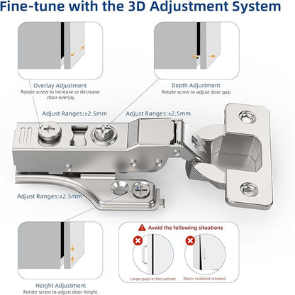 Chibery 20 Pack 1/4" Partial Overlay Soft Close Concealed Hinge for Face Frame ＆ Frameless Door, 3D Adjustment, Clip-on Plate, Slow Self Closing Hidden Satin Nickel, 105° Stainless Steel Hinges, 3/8"