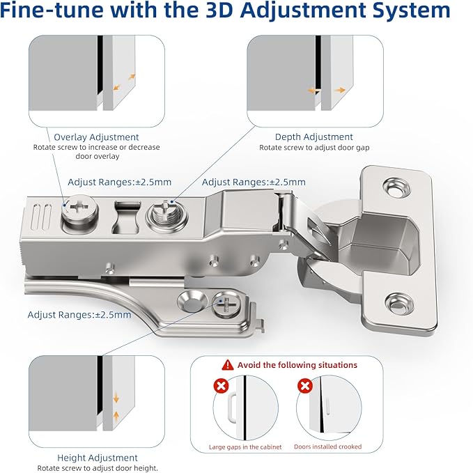 Chibery 30 Pack 1/4" Partial Overlay Soft Close Concealed Hinge for Face Frame ＆ Frameless Door, 3D Adjustment, Clip-on Plate, Slow Self Closing Hidden Satin Nickel, 105° Stainless Steel Hinges, 3/8"