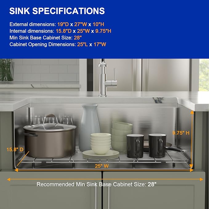 Dcolora 27" Gunmetal Black Stainless Steel Undermount Kitchen Sink Workstation - 16 Gauge Single Bowl Basin (27"x19"x10"), DC-U7707