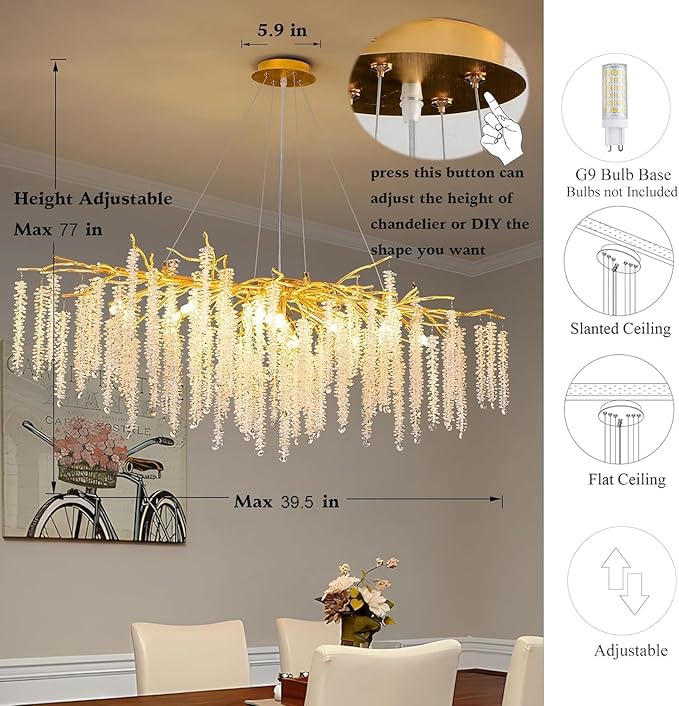 Tree Branches Chandeliers L39.5 Inch Gold Luxury Rectangular Crystal Raindrop Pendant Light 13 Lights Kitchen Island Hanging Light Fixture for Living Room Dining Room Foyer Entryway