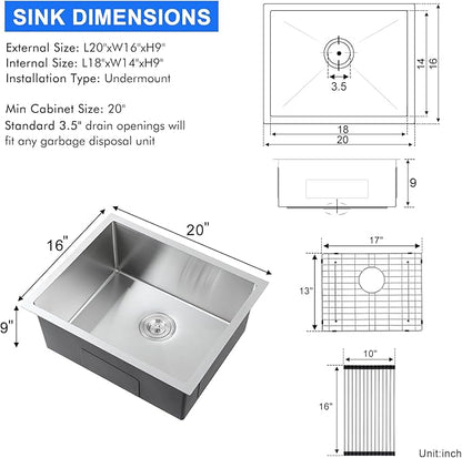 MENATT 20x16 Inch Undermount Kitchen Sink, 18 Gauge 304 Stainless Steel Single Bowl with R10 Corner, Roll-up Drying Rack & Bottom Grid Mat, 9" Deep Compact Sink for Small Kitchen, Bar, Prep Station