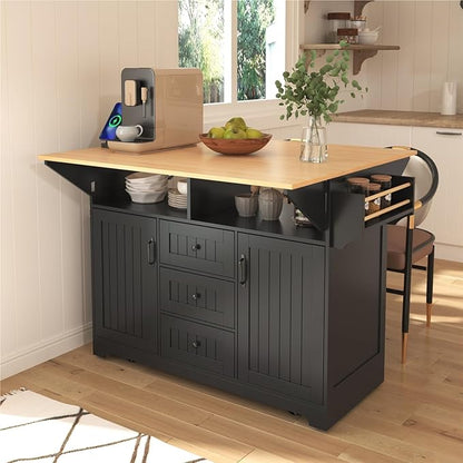 Large Kitchen Island with 2 Drop Leaf Rolling Cart with Power Outlet Folding Storage Dining Table with Spice and Towel Rack Practical(Black)