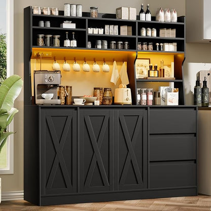 Loomie Farmhouse Sideboard Buffet Cabinet with Storage, 59" Kitchen Storage Cabinet with Power Outlet & LED Light, Coffee Bar w/Microwave Stand & Doors & Drawers & Hooks & Adjusted Shelves (Black)