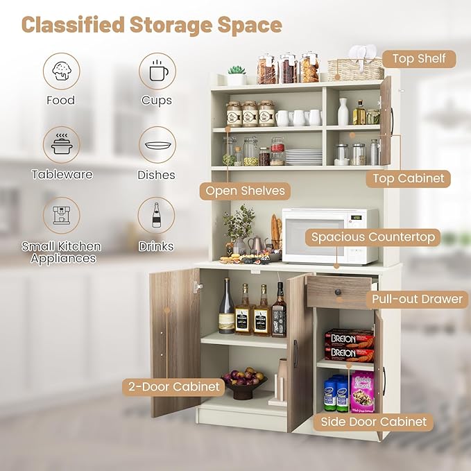 LOKO Kitchen Storage Cabinet with Charging Station, 71" Tall Pantry Hutch with Adjustable Shelves, 3 Cabinets & Cable Holes, Freestanding Cupboard Organizer for Kitchen, Dining Room