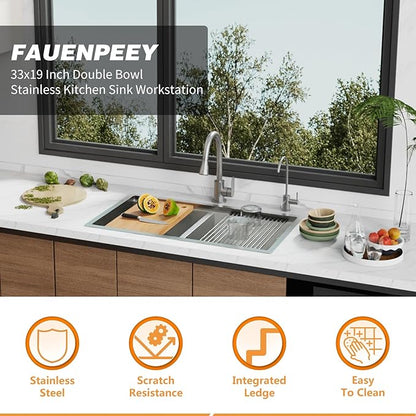 33"x19" Kitchen Sink Workstation - 50/50 Double Bowl Stainless Steel Undermount Kitchen Sink Built-in Ledge Drop In Workstation Sink For Placing/Sliding Accessories-Cutting Board,Drying Rack
