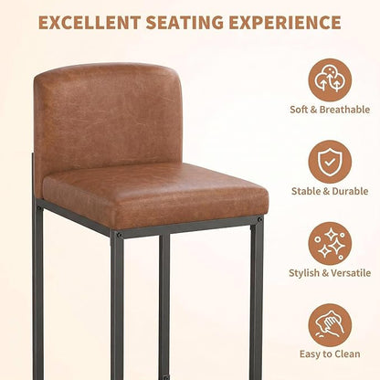 GarveeHome Bar Stools Set of 2, Modern Counter Height Bar Stools with Back and Footrest, Faux Leather Upholstered Barstools Chairs for Kitchen Island Dining Room Bar, Brown