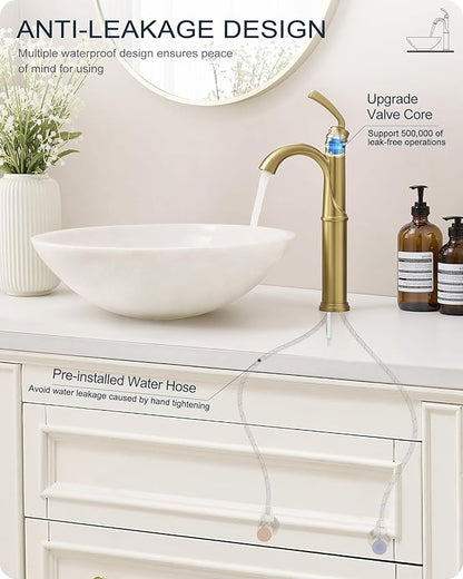 Gold Vessel Sink Faucet, Brass Tall Bathroom Sink Faucet One Hole with 1 Handle, Pop Up Drain, cUPC Supply Hoses & Aerator for Above Counter Basin, Arched Spout Design, 5 Mins Quick Installation