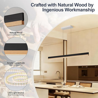71" Wood Linear Pendant Light, Wood Linear Chandelier with Remote, 24W LED Dimmable Pendant Lights Kitchen Island, Modern Hanging Chandelier for Dining Room, Bar, Pool Table-Natural