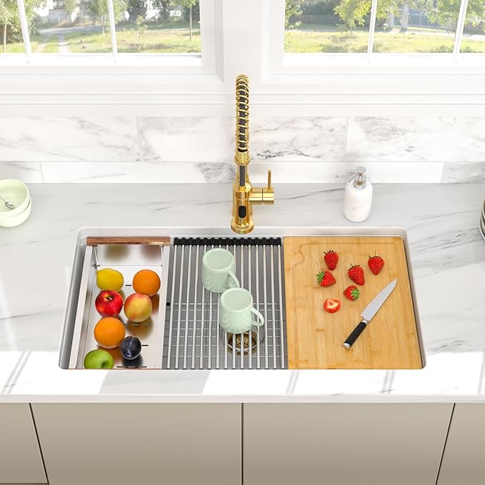 33 Inch Granite White Kitchen Sink - Beslend 33x19x10 Inch White Granite Composite Kitchen Sinks Undermount Quartz Sink Ledge Workstation Classic Under Counter Single Bowl Sink Basin