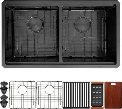 Double Bowl Kitchen Sink 30" X 18",Black Undermount Kitchen Sink,16 Gauge Stainless Steel Undermount Double Sinks with Workstation