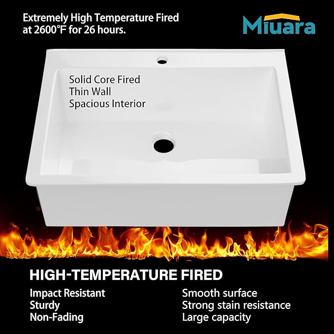 Miuara White Kitchen Sink Drop In 1 Hole 30"x22" - Small Topmount Fireclay Sink 30 Inch, Heavy Duay Deep Single Bowl, with 2 Custom Accessories, Glossy White, for Kitchen & Laundry