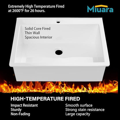 Miuara White Kitchen Sink Drop In 1 Hole 30"x22" - Small Topmount Fireclay Sink 30 Inch, Heavy Duay Deep Single Bowl, with 2 Custom Accessories, Glossy White, for Kitchen & Laundry