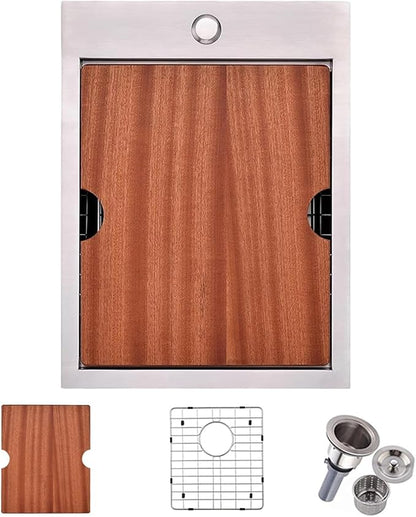 HOTIS Drop In Bar Sink, 15 x 20 Inch Small Kitchen Sink, 304 Stainless Steel Topmount Workstation Sinks, Handmade 16 Gauge Single Bowl Kitchen Sinks with Dish Grid & Drain and Cutting Board
