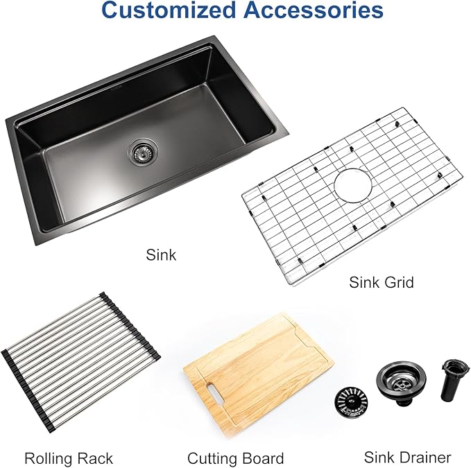 Black Sink, 304 Stainless Steel Single Bowl Undermount 30×18 Inch Workstation Kitchen Sink with Sink Grid and Cutting Board