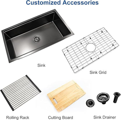 Black Sink, 304 Stainless Steel Single Bowl Undermount 30×18 Inch Workstation Kitchen Sink with Sink Grid and Cutting Board