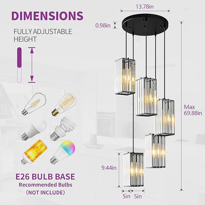 Modern Pendant Light Black Rectangle Pendant Lighting Mini Crystal Chandeliers Adjustable Pendant Light Fixture for Kitchen Island Dinning Room Living Room Corridor Bedroom(Black 5-Light)