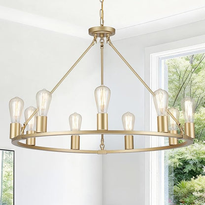 9-Lights Gold Chandelier | Dia 32'' Farmhouse Wagon Wheel Chandelier | Rustic Hanging Dining Room Light Fixture | Apply to Living Room | Kitchen Island | Entryway | Foyer