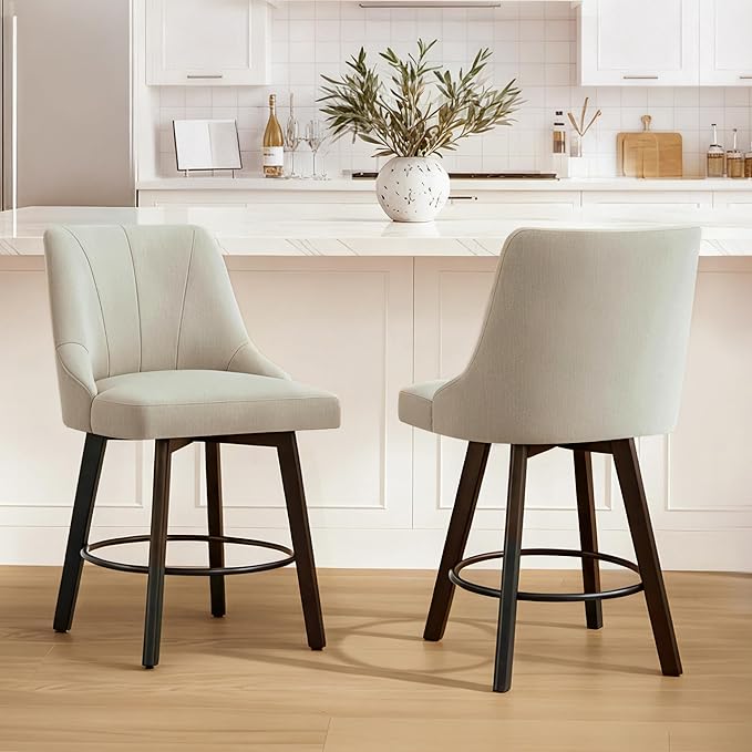 24" Counter Height Bar Stools Set of 4, Swivel Bar Stools with Backs, Fabric Upholstered Counter Barstools with Solid Wood Legs for Kitchen Island,Sand