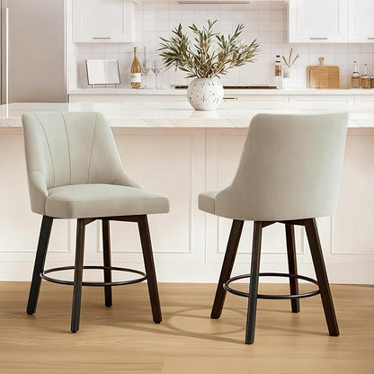24" Counter Height Bar Stools Set of 4, Swivel Bar Stools with Backs, Fabric Upholstered Counter Barstools with Solid Wood Legs for Kitchen Island,Sand